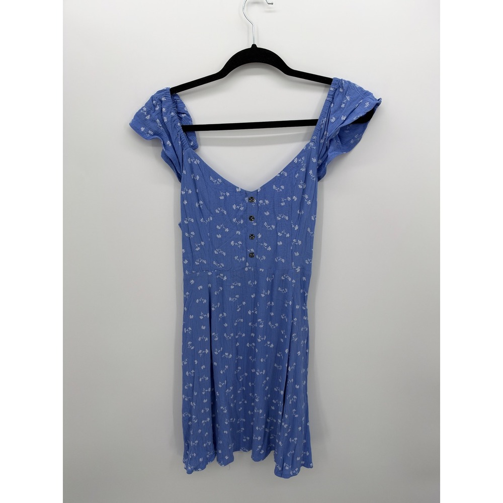 Billabong Blue Floral Smocked Back Ruffle Sleeve Mini Dress Size Medium